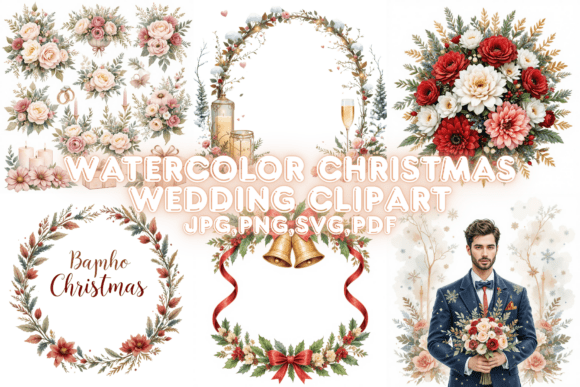 Watercolor Christmas Wedding Clipart: Festive Design Elements